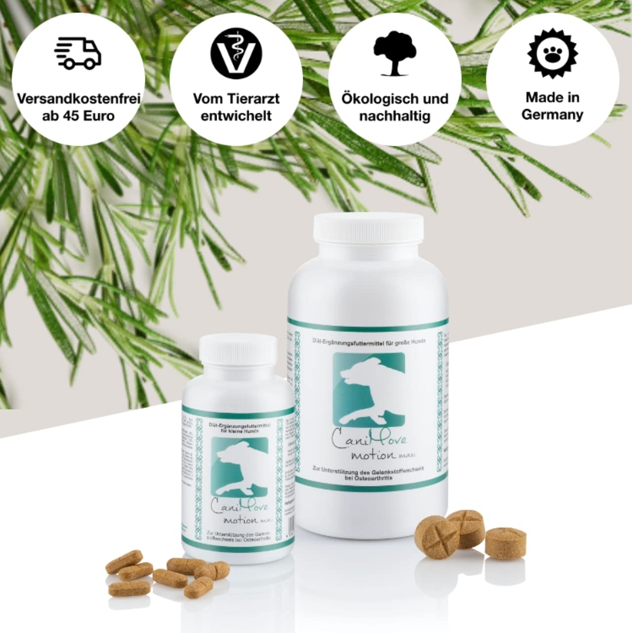 Motion & CaniMove Immune (ehemals EPA70) Maxi, je 1 Packung hochentwickelte Ergänzungsfuttermittel für große Hunde zur Unterstützung bei degenerativen Problemen des Bewegungsapparates.