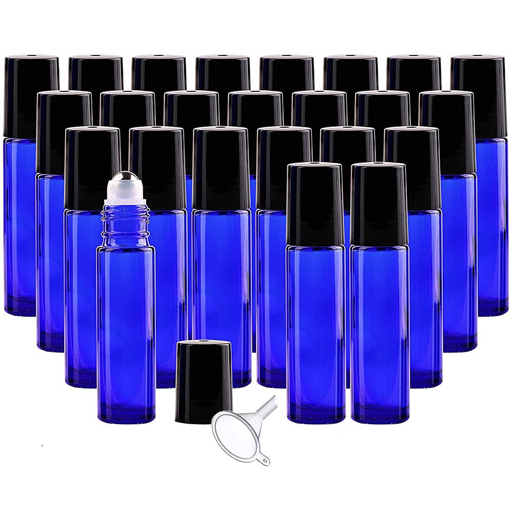 25 Pack 10ml Cobalt Blue Glass Roller Bottles, Leakproof Empty Refillable Essential Oil Glass Roller Bottle with Stainless Steel Roller Balls (1 Opener, 1 Dropper, Included)