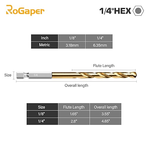 Miniatura 2 de Juego de 13 brocas hexagonales con revestimiento de titanio de 14 de pulgada, punta de 135 grados, juego de brocas de impacto HSS con estuche de