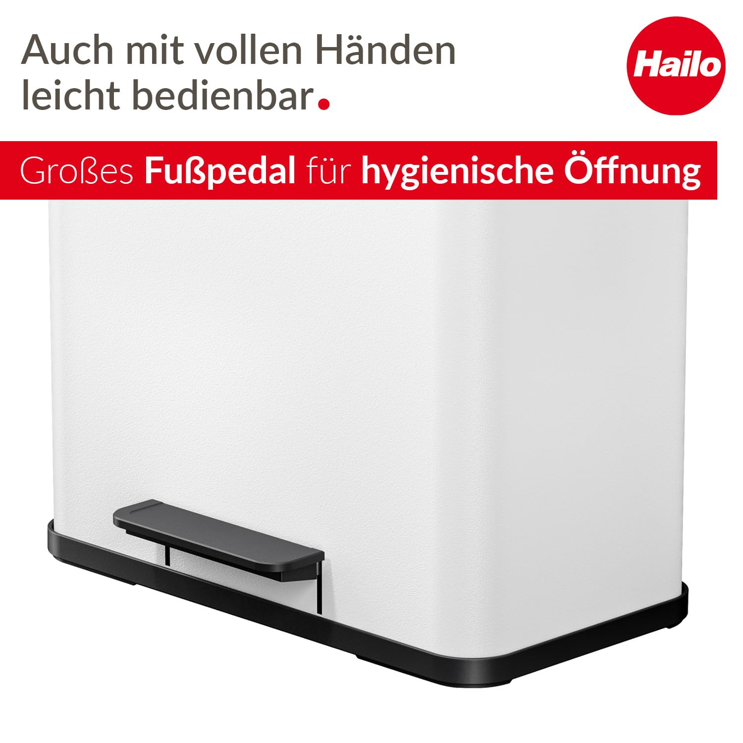 Hailo Eco duo L Treteimer mit Soft Close Funktion, 2x14 Liter, Weiß | Treteimer mit Pedal, 2 Kunststoff Inneneimer, Made in Germany, Stahlblech, rechteckig