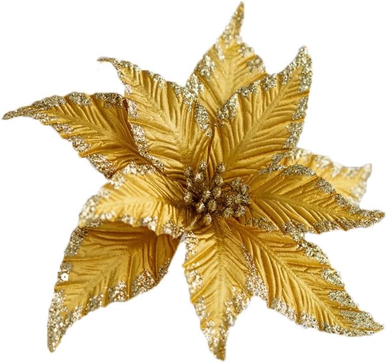 6Pcs Artificial Christmas Poinsettias Decoration 9.8" Glitter Flower Christmas Tree Ornaments Wreath Garland Flower with Stem for Festival Xmas Wedding Party Home Supplies (Brown)