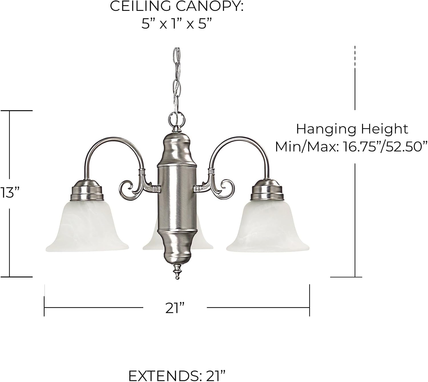 Capital Lighting 3253MN-118 David Faux White Alabaster Glass Chandelier, 3-Light 300 Total Watts, 15" H x 21" W, Matte Nickel