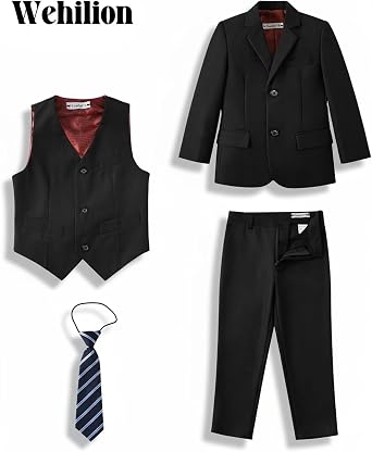 Wehilion Boys 4 Piece Formal Suit Slim Fit Tuxedo for Kids | Wedding Ring Bearer Outfit Tuxedo, Adjustable Waist, Toddler Boy Suit Set, Dress Clothes for Homecoming Graduation Birthday