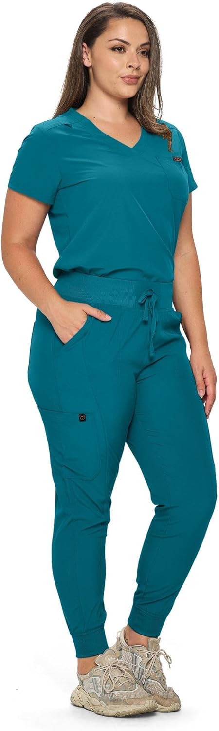 Slim Fit Stretchy Scrubs Women's Jogger Scrub Set Slim Jogger Scrubs with Tuck-In Top for Women - Image 2