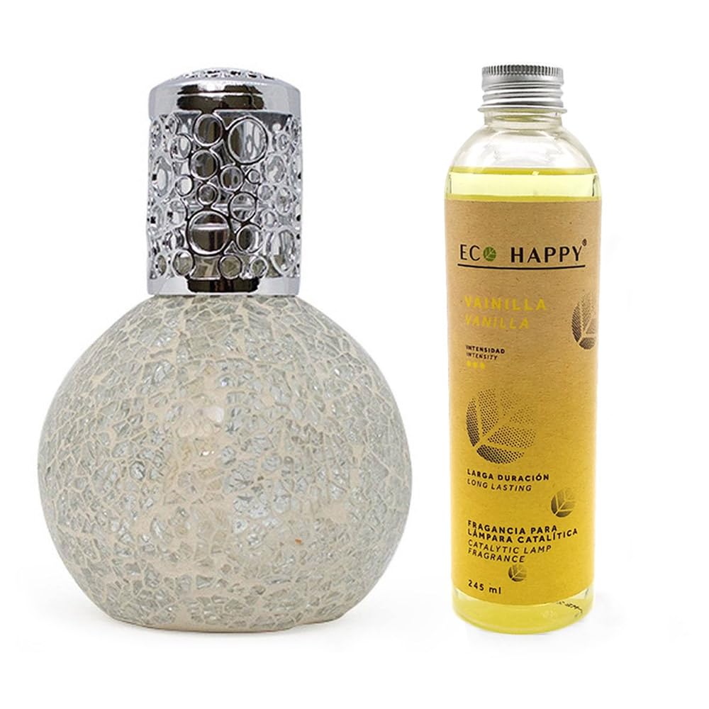 Pack lámpara catalítica Mosaico Blanco + Fragancia Aroma Vainilla Eco 245 ml - Elimina Malos olores, Limpia, sanea y perfuma el Ambiente