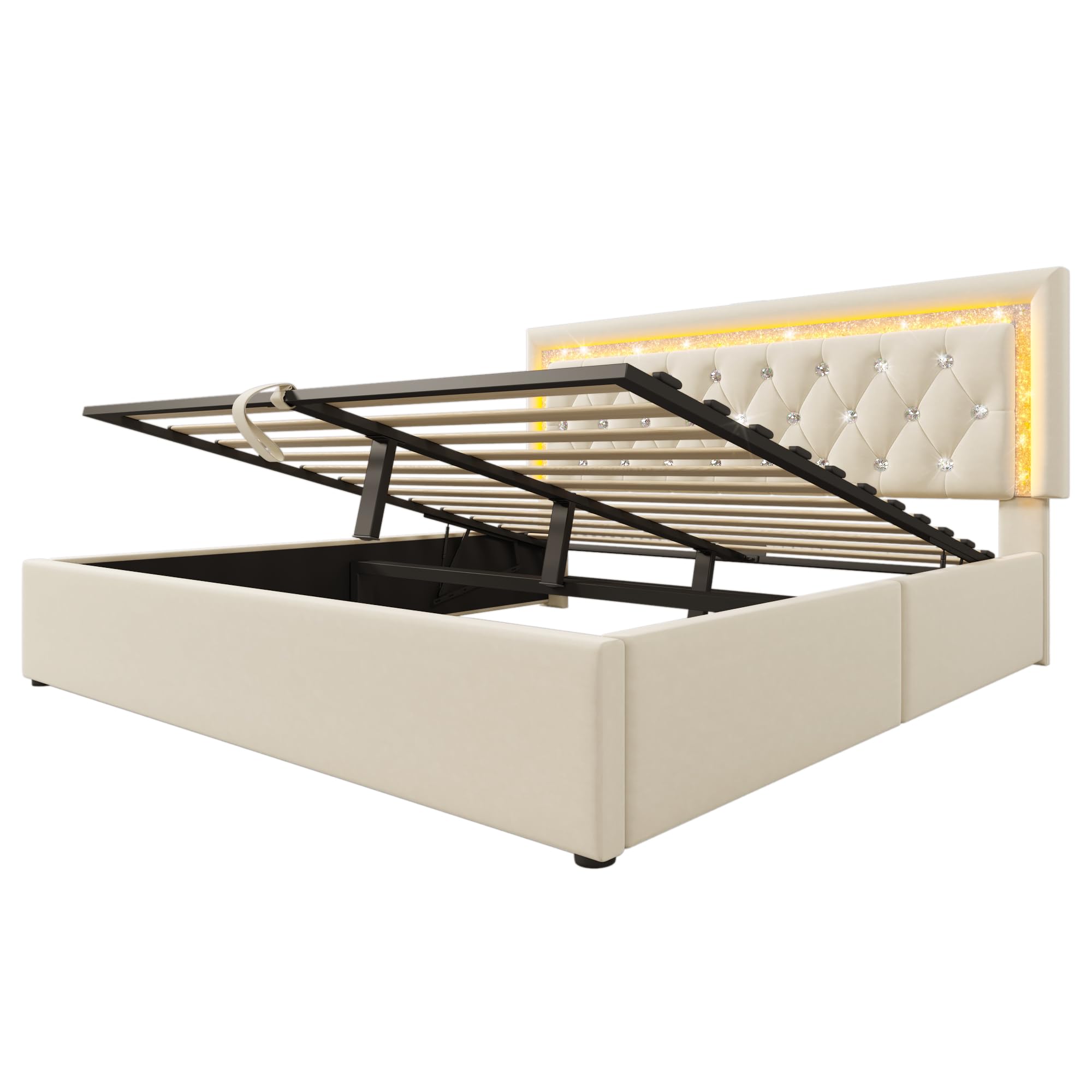 Lubvtti Cama acolchada con LED, estación de carga USB y tipo C, cama de matrimonio con contenedor hidráulico, estructura de cama con somier de láminas, terciopelo (beige, 160 x 200 cm)