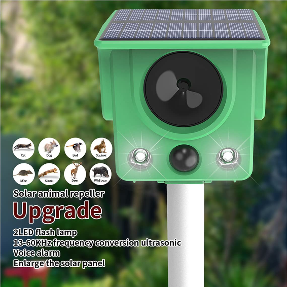 MOREIH Solarny odstraszacz myszy, ultradźwiękowy odstraszacz szkodników, odstraszacz węża, odstraszacz do ogrodu na zewnątrz, wodoodporny, pozbądź się kretów, suseł, nornika, kota, psa, wiewiórki, szopa, skunksa, królika