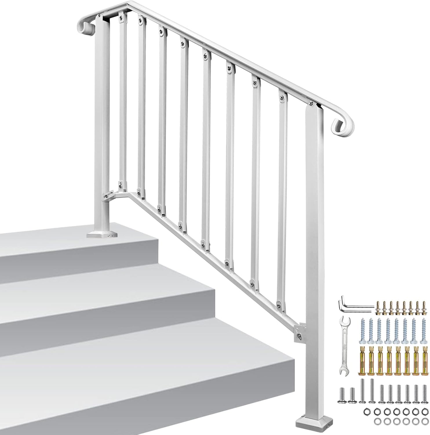 Adjustable Handrails for Outdoor Steps, Handrail Picket #3 Fits 3 or 4 Steps, Mattle Wrought Iron Handrail, Stair Rail with Installation Kit for Outdoor Steps,White 3-4 Steps White 1