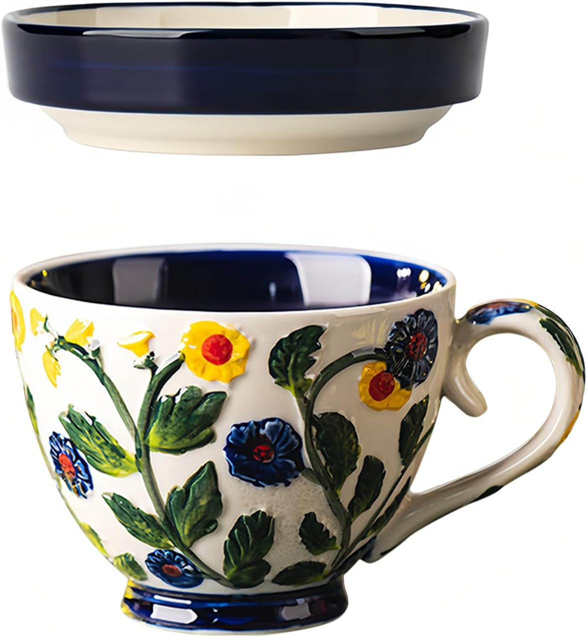 Soup Mug With Lid, 500ml Microwave Soup Bowl, Ceramic Soup Mug Small Soup Bowl (Blue,Cup & Lid)