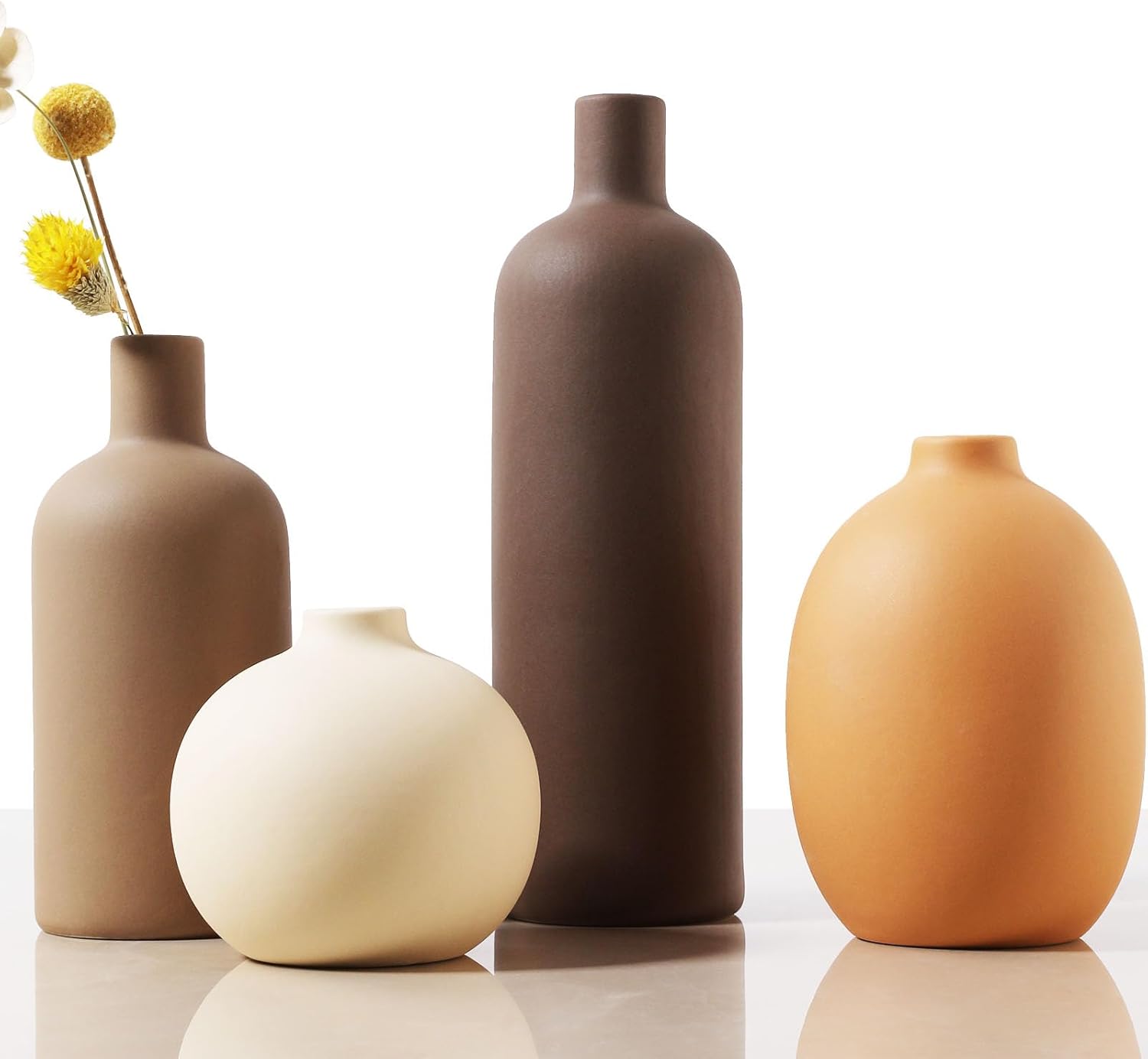 Ceramic Vase Set of 4 - Handcrafted Ceramic Vases for Home Decor & Shelf - Modern Farmhouse Decor for Kitchen, Office, Bedroom & Living Room Decorative Objects for Mantel, Table Centerpieces