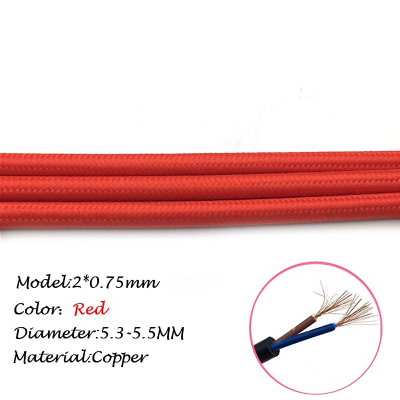 filo tessile intrecciato, Cavo elettrico intrecciato in stile vintage, 2 x 0,75 mm, 300 V(Red,10Meter)