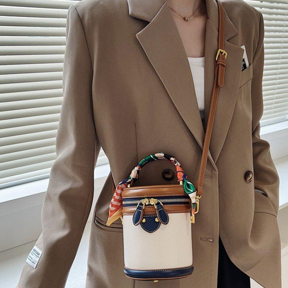 Retro Bucket Bag Female PU Leather Color Contrast Cylinder Shoulder Round Bag Handle Handbag Purse - Image 4