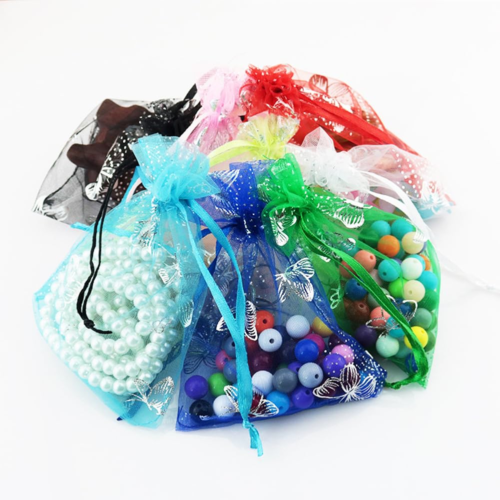 50 Stück Organzasäckchen mit Kordelzug 10×12cm Organzabeutel Schmetterling Muster Organza Geschenkbeutel Tüll Schmuckbeutel Geschenksäckchen für Schmuck Kosmetik Süßigkeiten Mischfarben