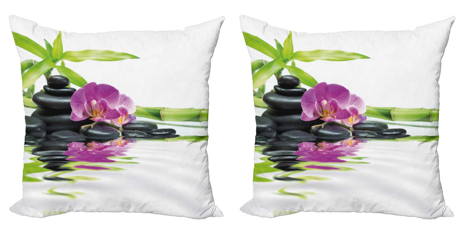 ABAKUHAUS Terme Federe Cuscini Set di 2, Hot Rocks Candele bambù, Stampa Digitale Fronte-Retro con Accento Moderno, 60 cm x 60 cm, Verde Bianco e Nero
