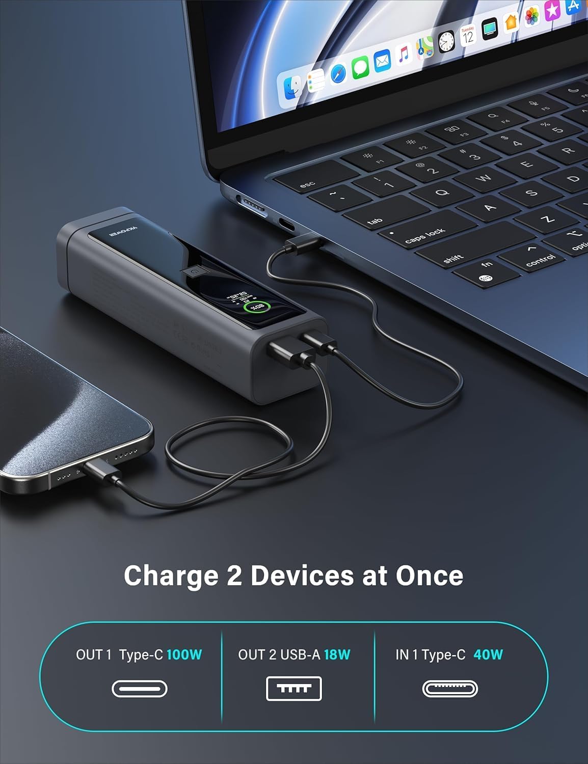 Portable Charger, 100W 10000mAh Power Bank Dual Travel Essentials Battery Pack Fast Charging Laptop with 2 USB Port, Smart TFT Display, LED Light & SOS, for iPhone/Galaxy/iPad/MacBook