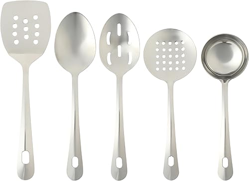 Gibson Home Landsworth - Juego de utensilios para servir de acero inoxidable de 5 piezas, cucharón, cuchara ranurada, espumadera, volteador, cuchara