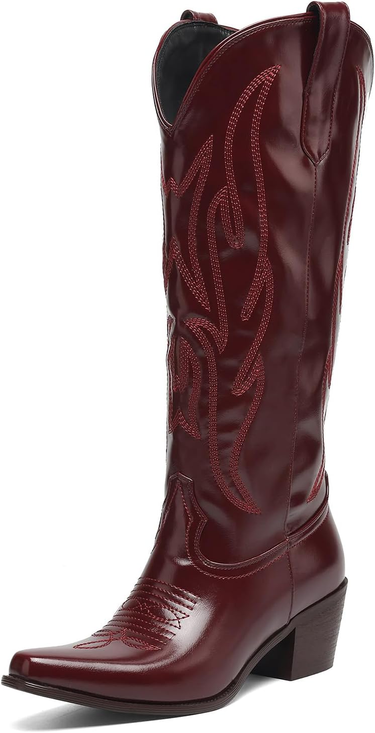Women's Western Cowgirl Knee High Boots - Wide Calf, Burgundy Embroidered, Snip Toe, 2.25" Chunky Heel, Side Zipper, Ideal for Fall