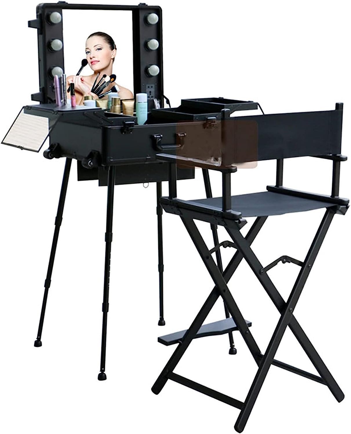 Professioneller faltbarer Direktorssitz - hoher Make-up-Artist-Sitz aus Aluminium für Kunden, tragbarer Regiestuhl, Camping-Chaise (Schwarz)