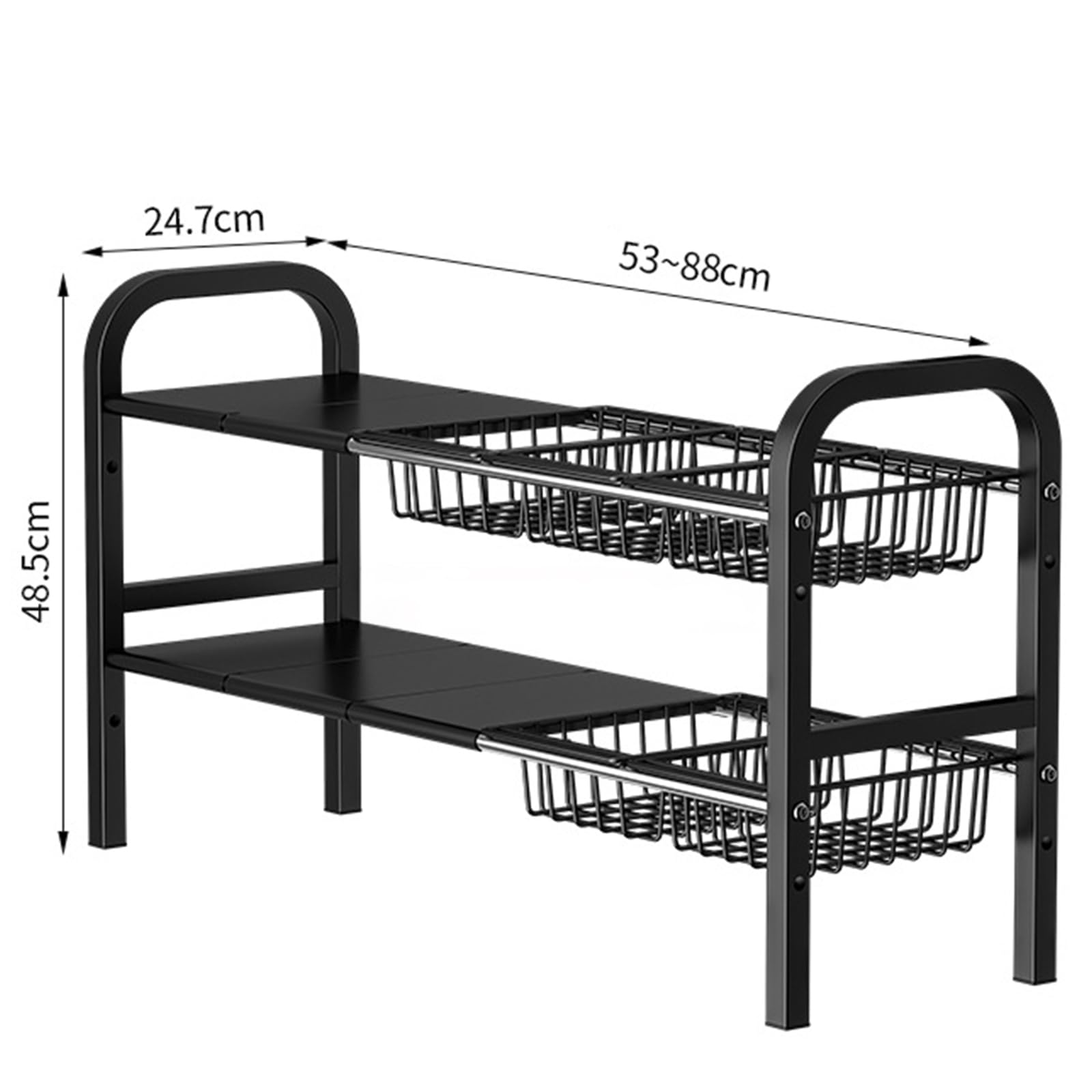 Scaffale multiuso in metallo a 2 ripiani espandibile sottolavello con 5 pannelli rimovibili e cesti, soluzione per cucina e bagno