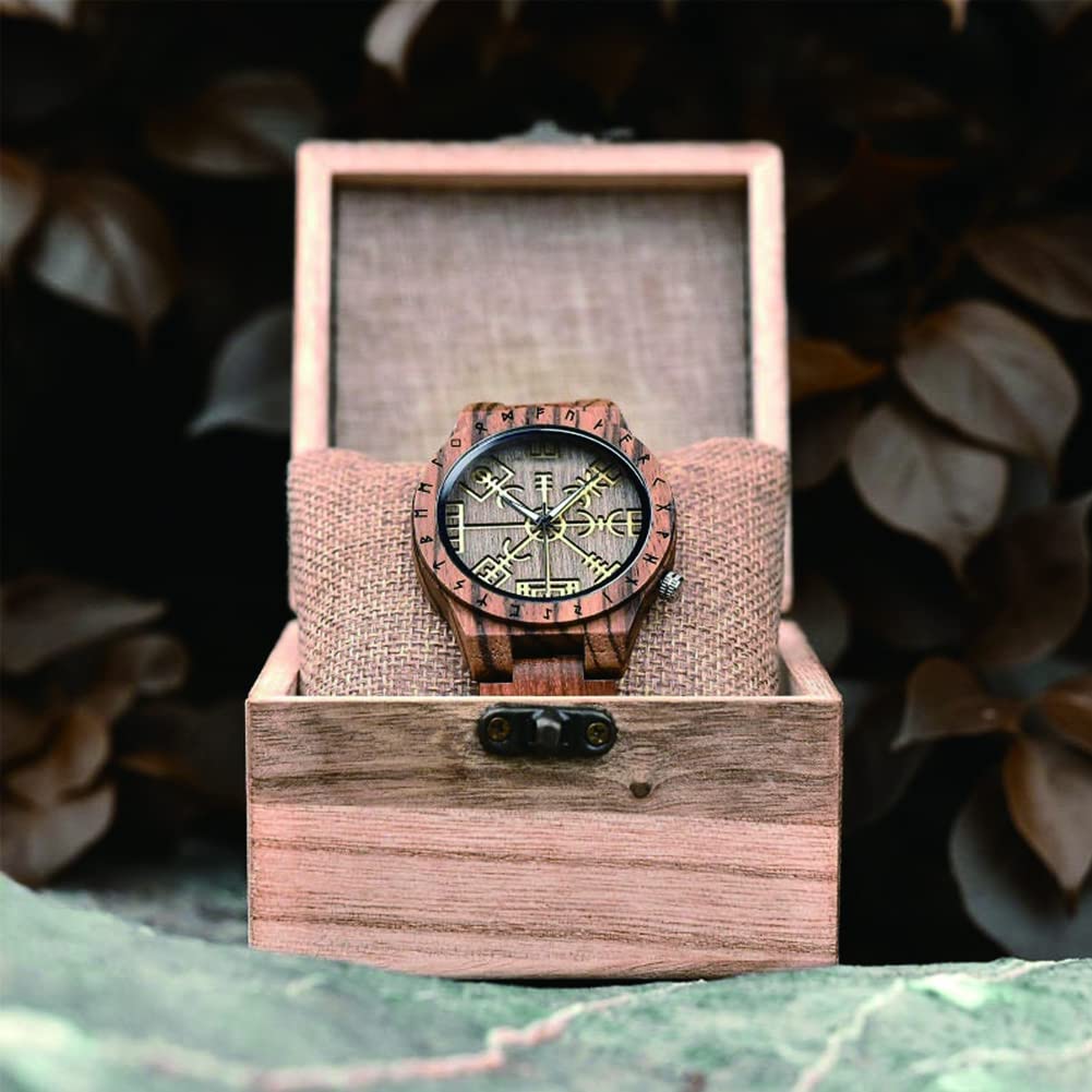Wikinger Schmuck Herrenuhr,Gravuruhr Holzuhr, Runen Vegvisir Helm of Awe, Wikinger Armband | 1. Jahrestag Geschenk, Geburtstagsgeschenk