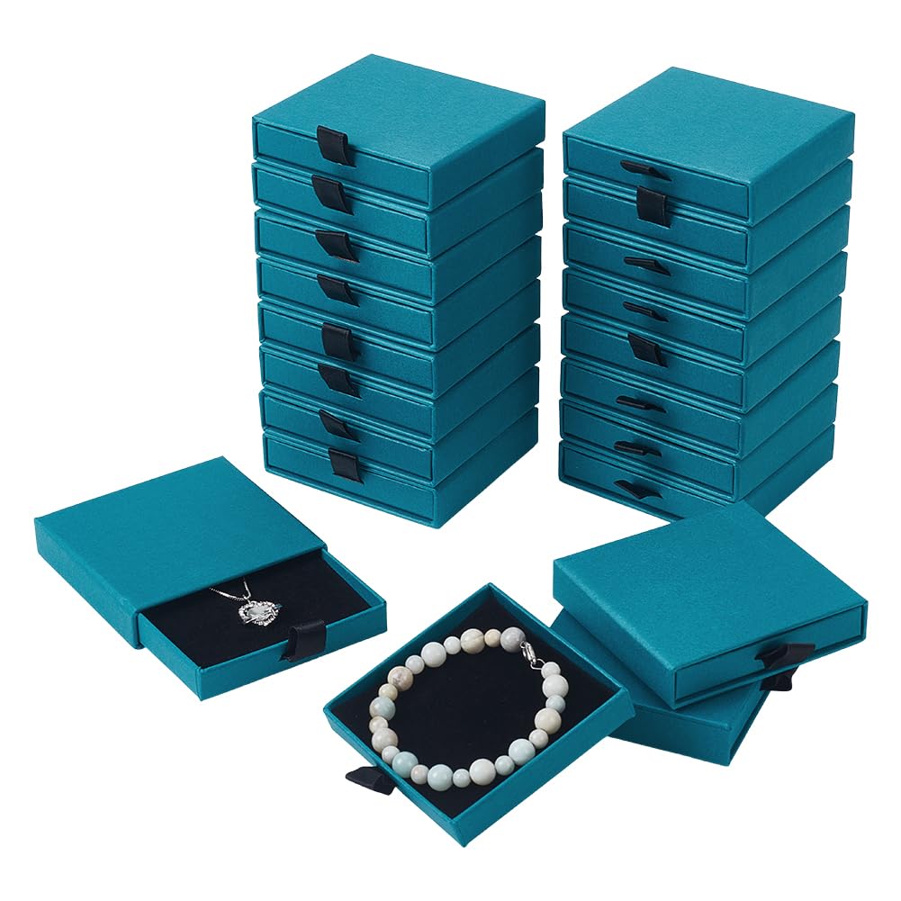 NBEADS 24Pcs Cardboard Jewelry Packaging Boxes, 8.1x7.6x1.8cm Square Jewelry Packaging Box with Lid and Sponge Inside for Ring Necklaces Bracelets Storage, Teal
