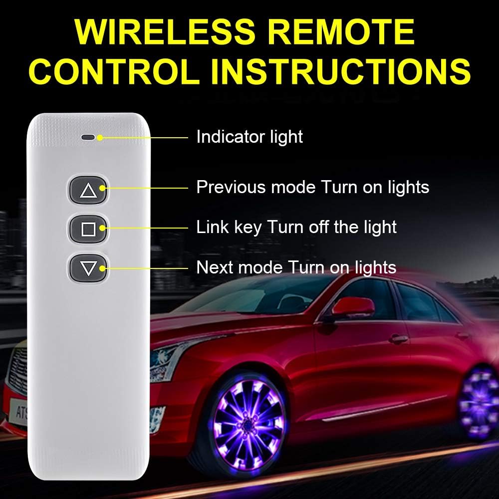 Chemini Car Wheel Tire Light Solar Energy Motion Sensors Hub Light With Wireless Remote Flashing Colorful Gas Nozzle LED Tire Cap Lights Waterproof 4Pack : Automotive