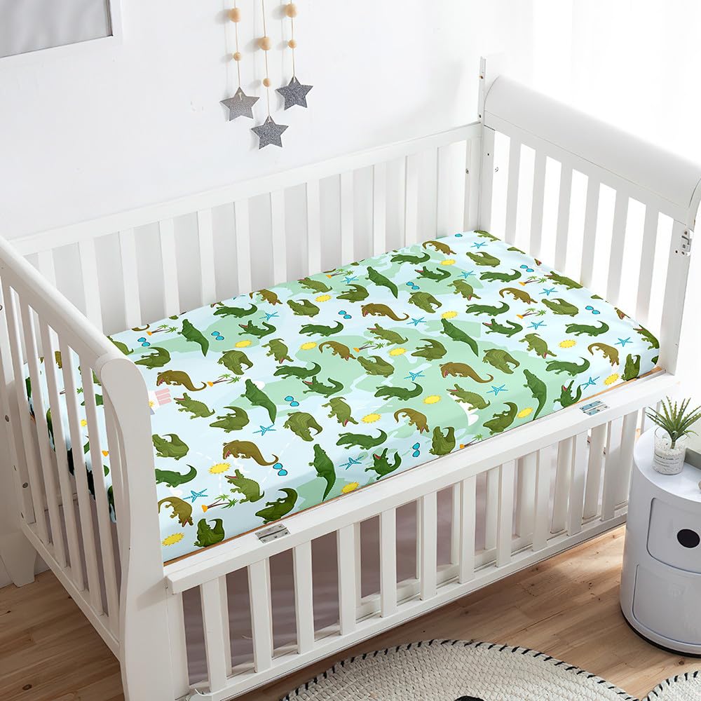 Odot Cot Bed Fitted Sheets Travel Cot Sheets Cartoon Green Crocodile Printed Microfiber Mattress Protector Cozy Breathable Toddler Baby Bedding for Cradle, Cribs, Bassinet (Green,85x51cm)