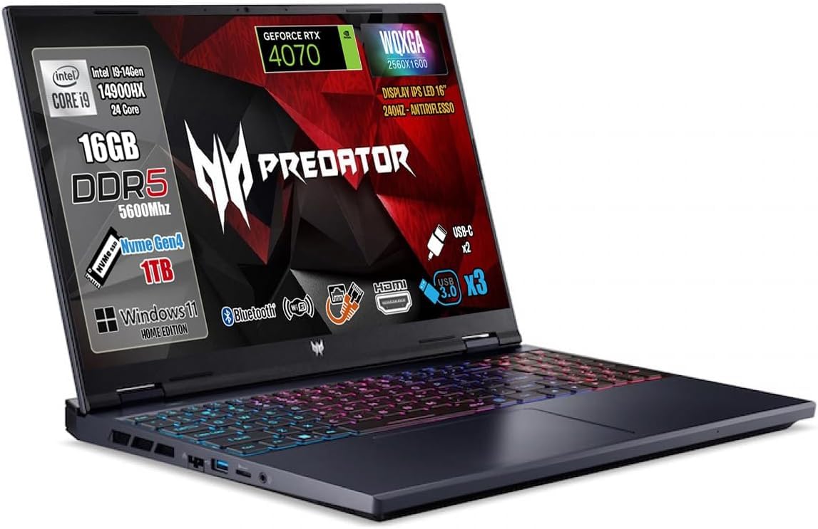 Acer Notebook Gaming Predator Helios Neo 16, Processore Intel Core i9-14900HX, RAM 16 GB DDR5, SSD 1TB PCI,Display 16" WQXGA IPS 240Hz, NVIDIA GeForce RTX 4070 8GB GDDR6, Sistema Operativo Windows 11
