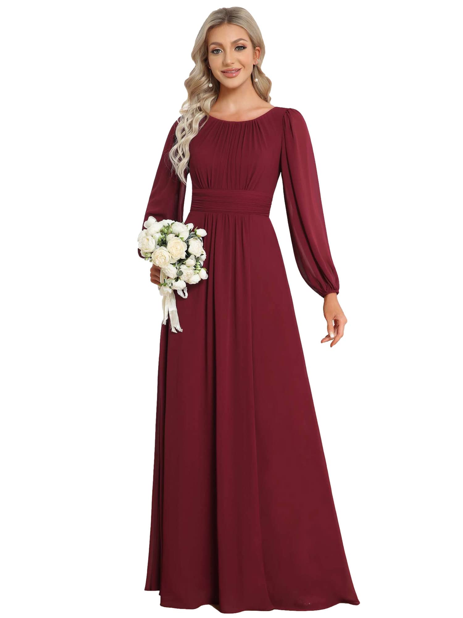 Ever-Pretty Vestito da Sera Donna Lungo Cintura Rotondo Manica Lunga Elegante Abiti da Cerimonia Borgogna 36
