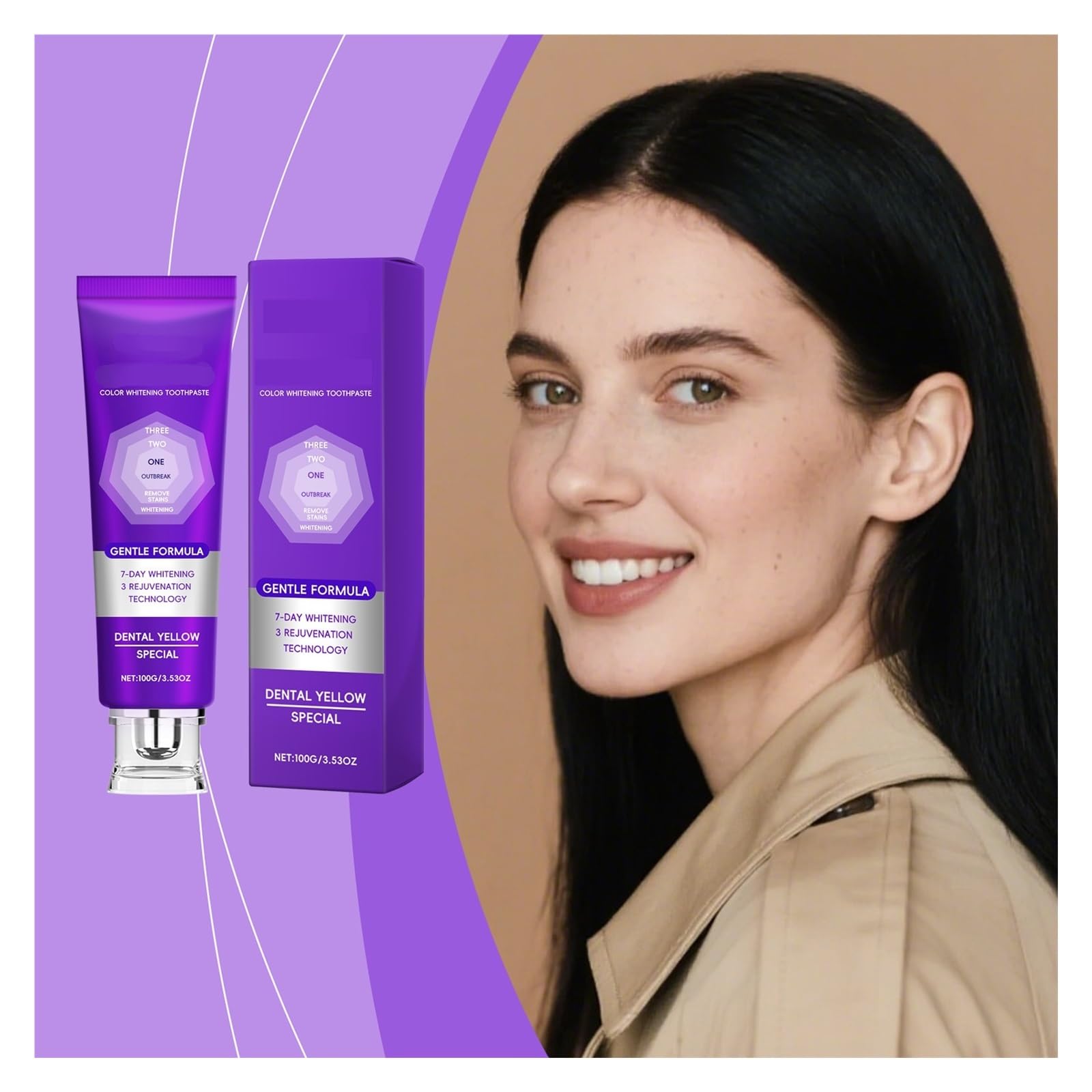 100 g de pasta de dientes blanqueadora morada | La suave abrasión limpia y favorece la comodidad de las encías.(3pcs)