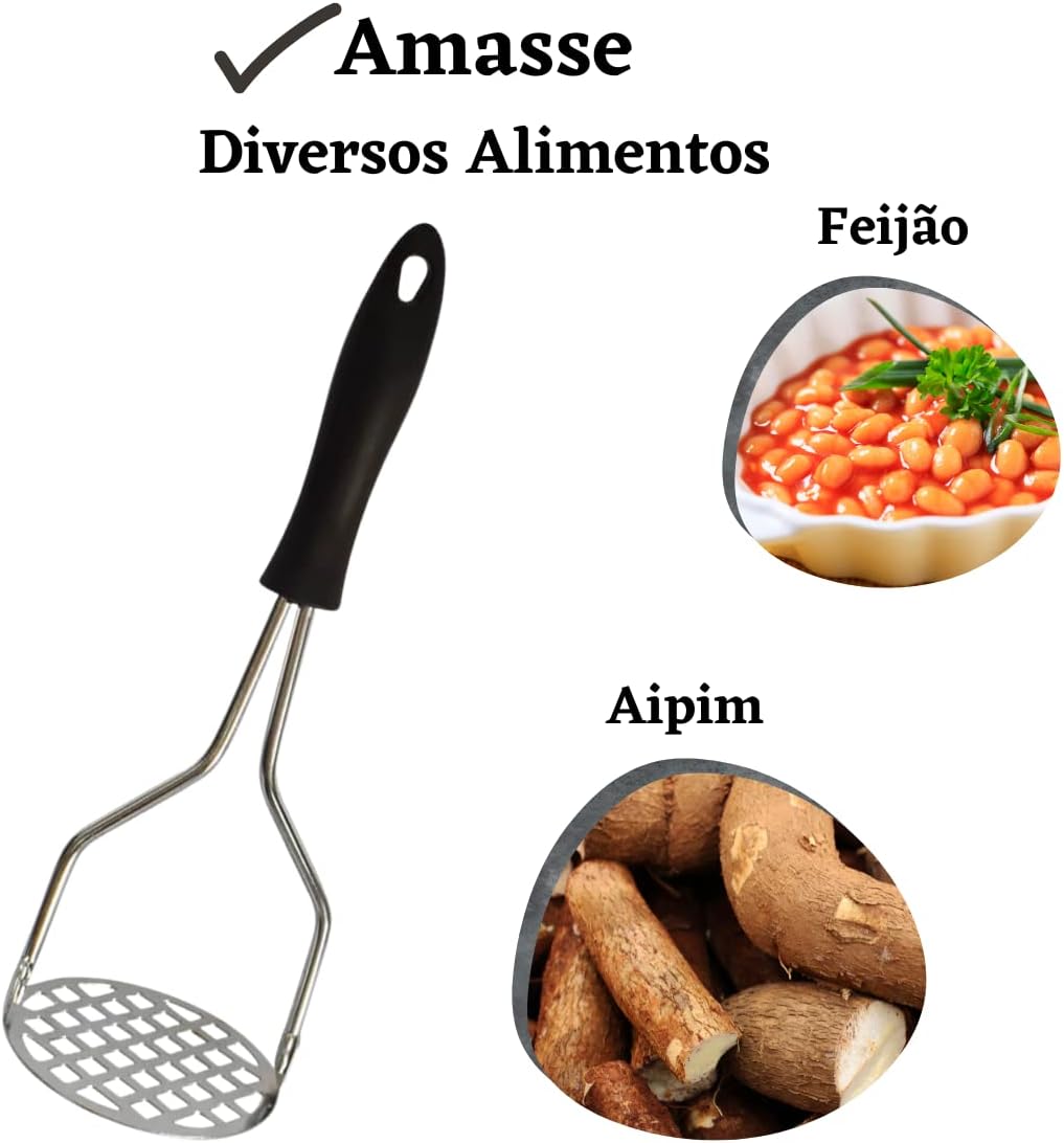 Amassador de Batata e Legumes Inox Manual Ergonômico Amassador Para Purê com Cabo Plástico Anti Calor