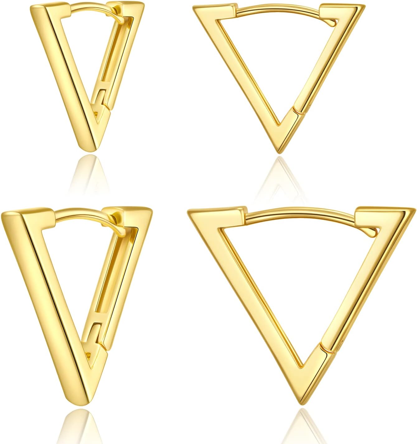 2 Pairs 14K Gold Plated Minimalist Geometric Triangle Huggies Hoop Earrings, V Shaped Hoop Earrings for Women Gift 1.3cm/1.8cm, gold and silver