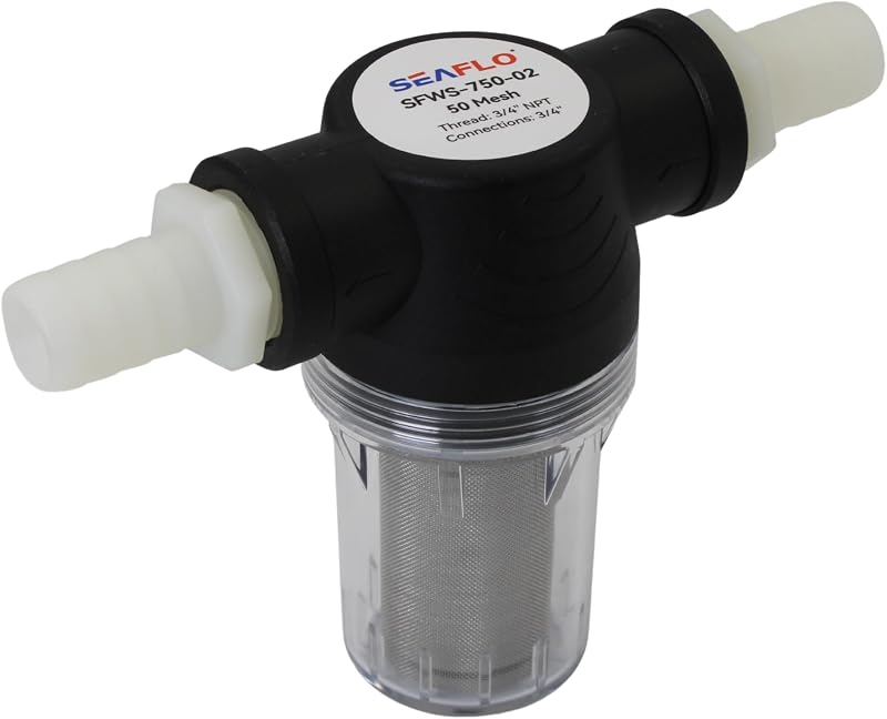 SEAFLO Fresh Water Strainer 02 Series, 1/2" NPT Pump Strainer w/ 50 Mesh 316 Stainless Steel Filter, Clear PC Bowl, Nylon Housing, Inline Water Pump Filter for Marine, RV, Pressure Washer SFWS-500-02