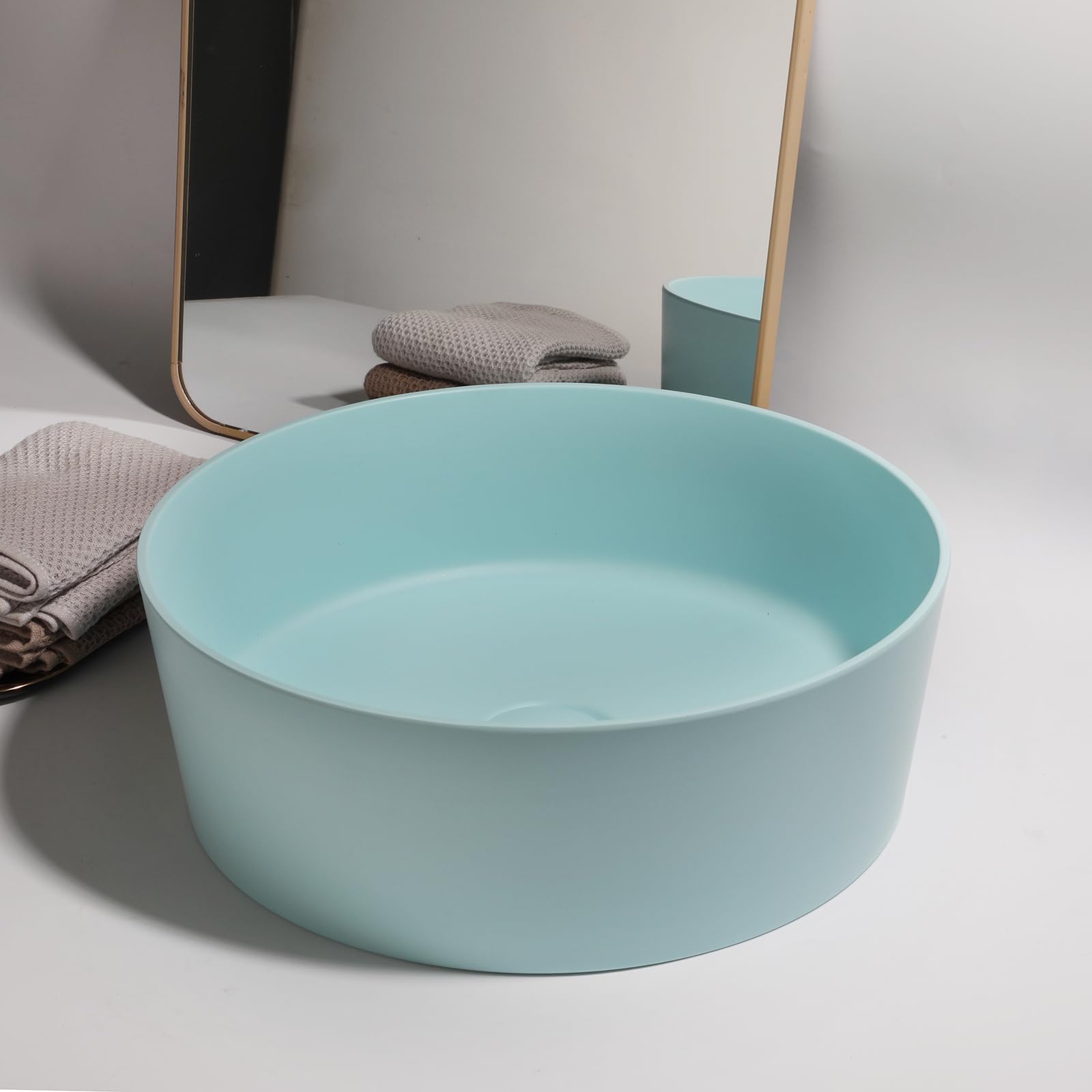 Lavabo de baño redondo azul – Lavabo de encimera de resina de piedra de 13 pulgadas con drenaje emergente, moderno lavabo de baño para el hogar y comercial