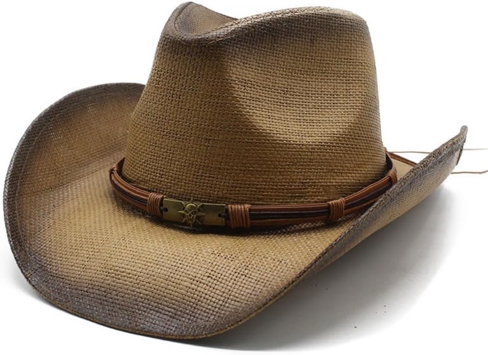 Western Cowboy Hat, Straw Material, Two-Tone Brown and White, Braided Band