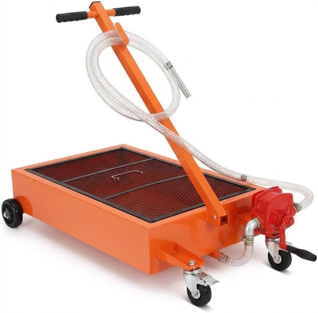 TEQIN 20 Gallon Oil Drain Pan with Pump, 110V Electric Low Profile Oil Drain Pan, Heavy Duty Steel Rolling Oil Drain Cart with 8.2FT Hose & Folding Handle for Cars SUVs Trucks Buses RVs, Red