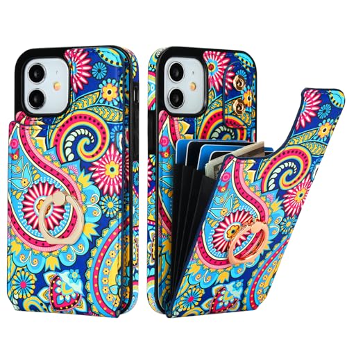 HAOPINSH for iPhone 12/ iPhone 12 Pro Wallet Case with Card Holder, 360°Rotation Ring Kickstand, Paisley Pattern, RFID Blocking Leather for Girls Women, Double Buttons Protective Cover 6.1"
