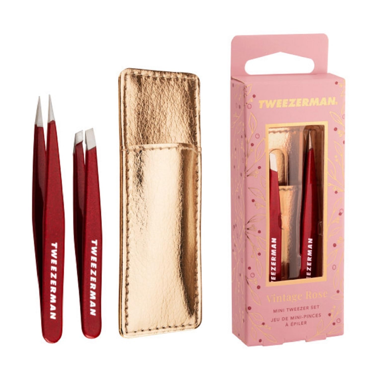 TWEEZERMAN Set de Mini Pinzas para Cejas de Precisión con Funda de Cuero, Vintage Rose