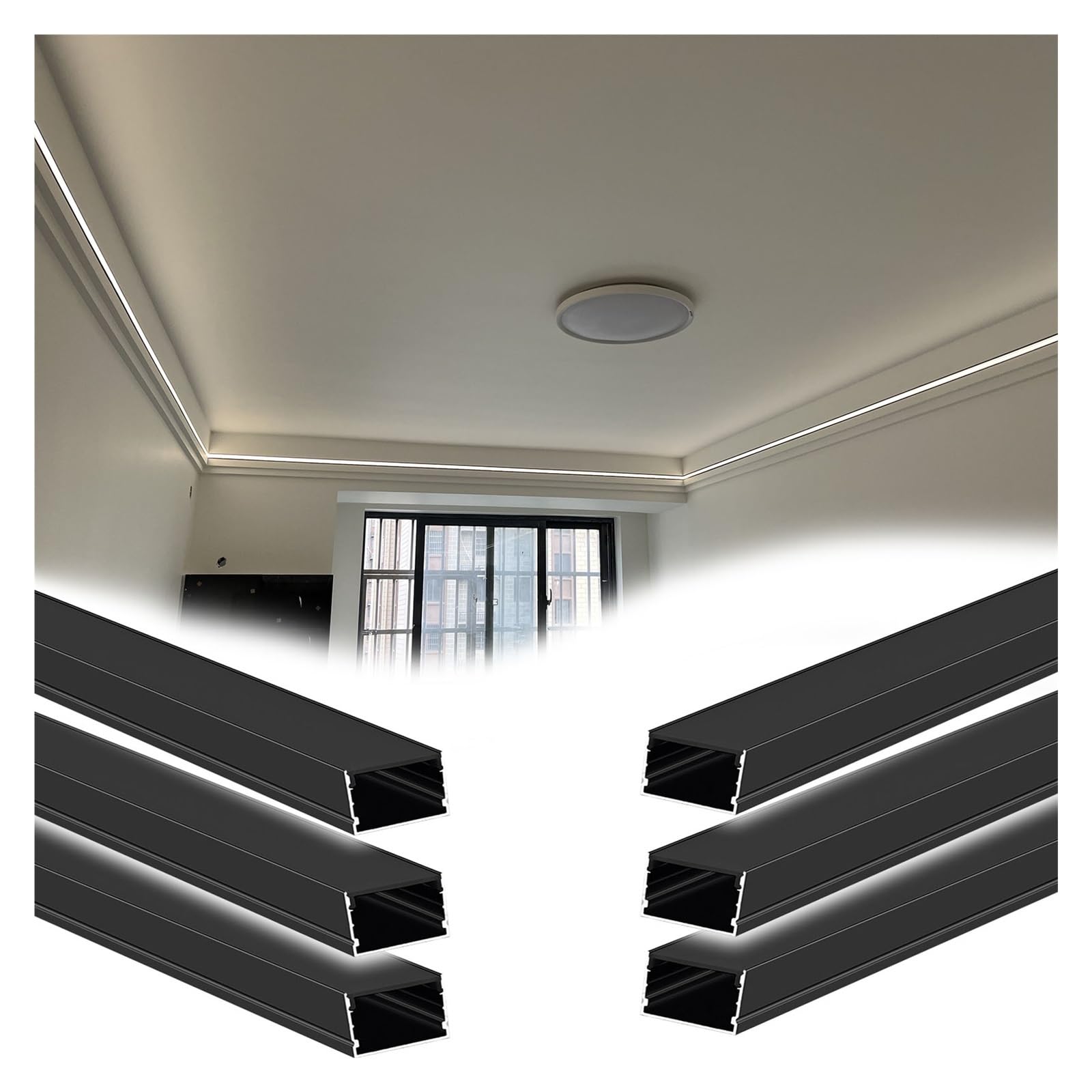WWZHYX 6 Pack 1m Black U-Shape Led Aluminium Channel Profile with Diffuser, Indirect Lighting Molding for Ceiling Floor Wall, Cornice Coving Trim(8m/26.2')
