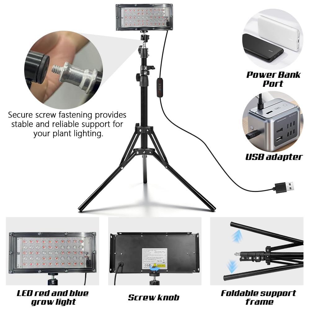 Luz de cultivo para plantas de interior, luz LED de cultivo de plantas con soporte de trípode ajustable de 32.7 a 61.5 pulgadas, espectro rojo y azul, alimentado por USB con temporizador de 3/9/12
