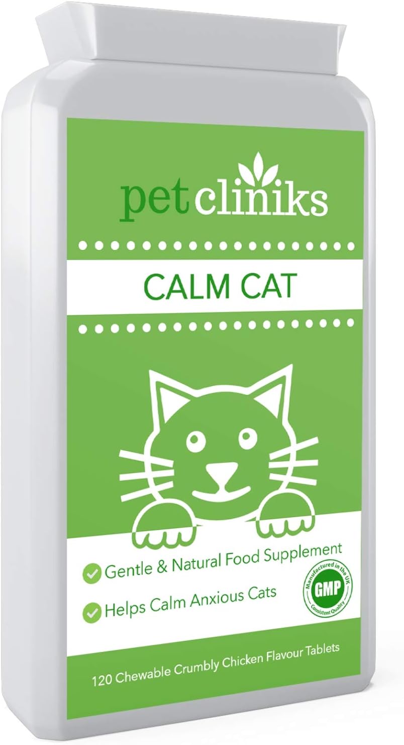 cliniks CALM CAT Supplement | 120 Calming & Mood Enhancing Cat Health Tablets Made in UK to Reduce Problem Behaviour & Anxiety in Cats | Support for Rescue Cats, House Moves, Cattery Stays etc