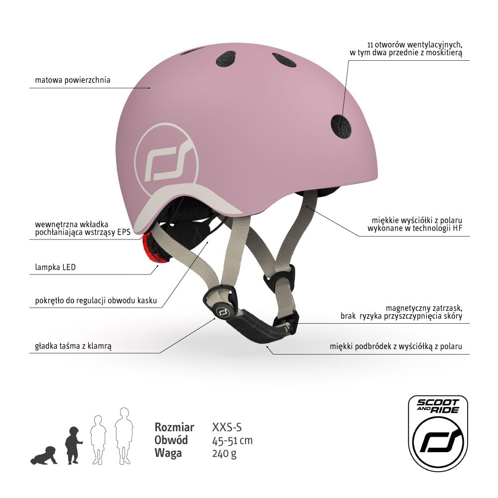 Scoot and Ride & Baby Casco da bambino XX-Small a Small (45-51 cm), vestibilità regolabile, design leggero, traspirante, fibbia magnetica, certificazione di sicurezza - Wildberry