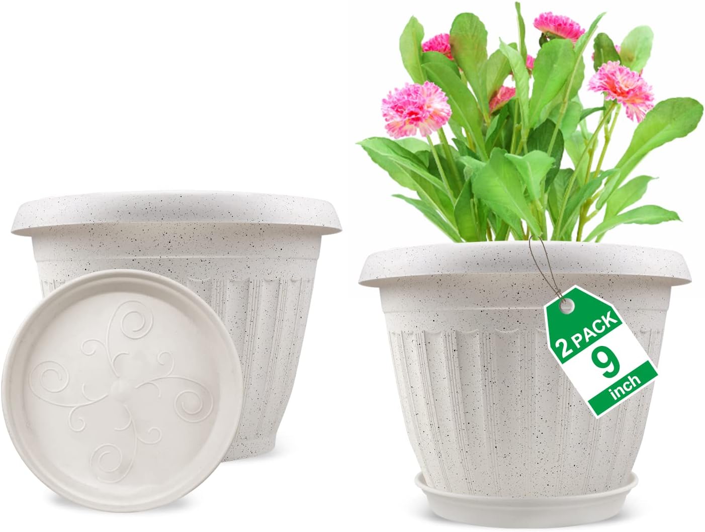 Plastic Flower Pots Planters for Indoor Plants, 2 Pack 9 Inch White Plant Pots with Drainage Hole & Tray, Modern Decorative Large Plant Pot with Saucer for Indoor Outdoor Plants Garden House Planter 9 Inch-2 pack