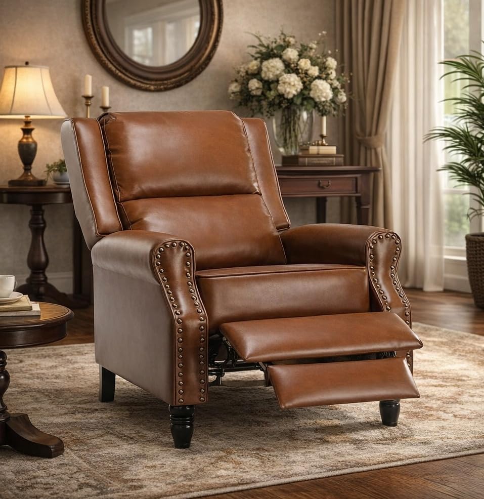 Image of Leather Recliner Chair, Pushback Recliner Chair with Adjustable Backrest Footrest, Mid Modern Reclining with Overstuffed Arms Lumbar Support for Reading, Living Room, Yellow Brown
