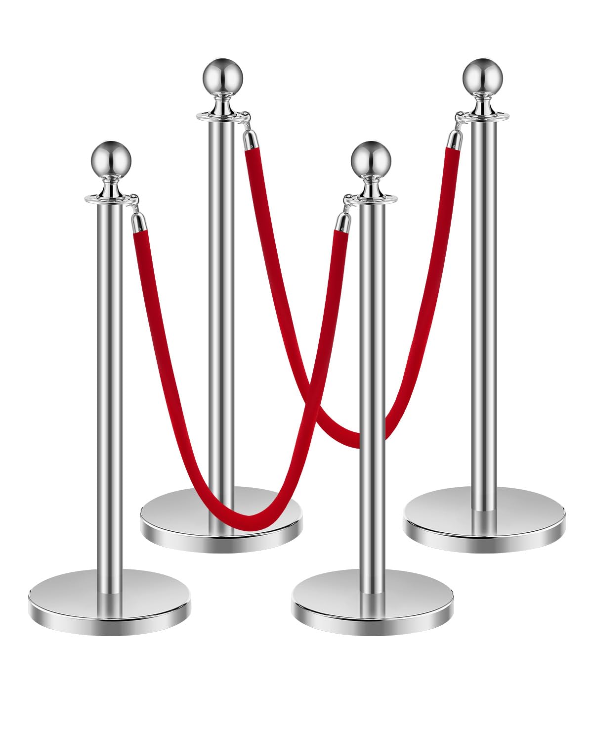 VEVOR Stanchions and Velvet Ropes 4Pcs, Hollow Base with Stainless Steel Post, 2 Red Velvet Ropes and Posts, Crowd Control Barriers Silver Stanchions, Red Carpet Runner Poles for Party Supplies