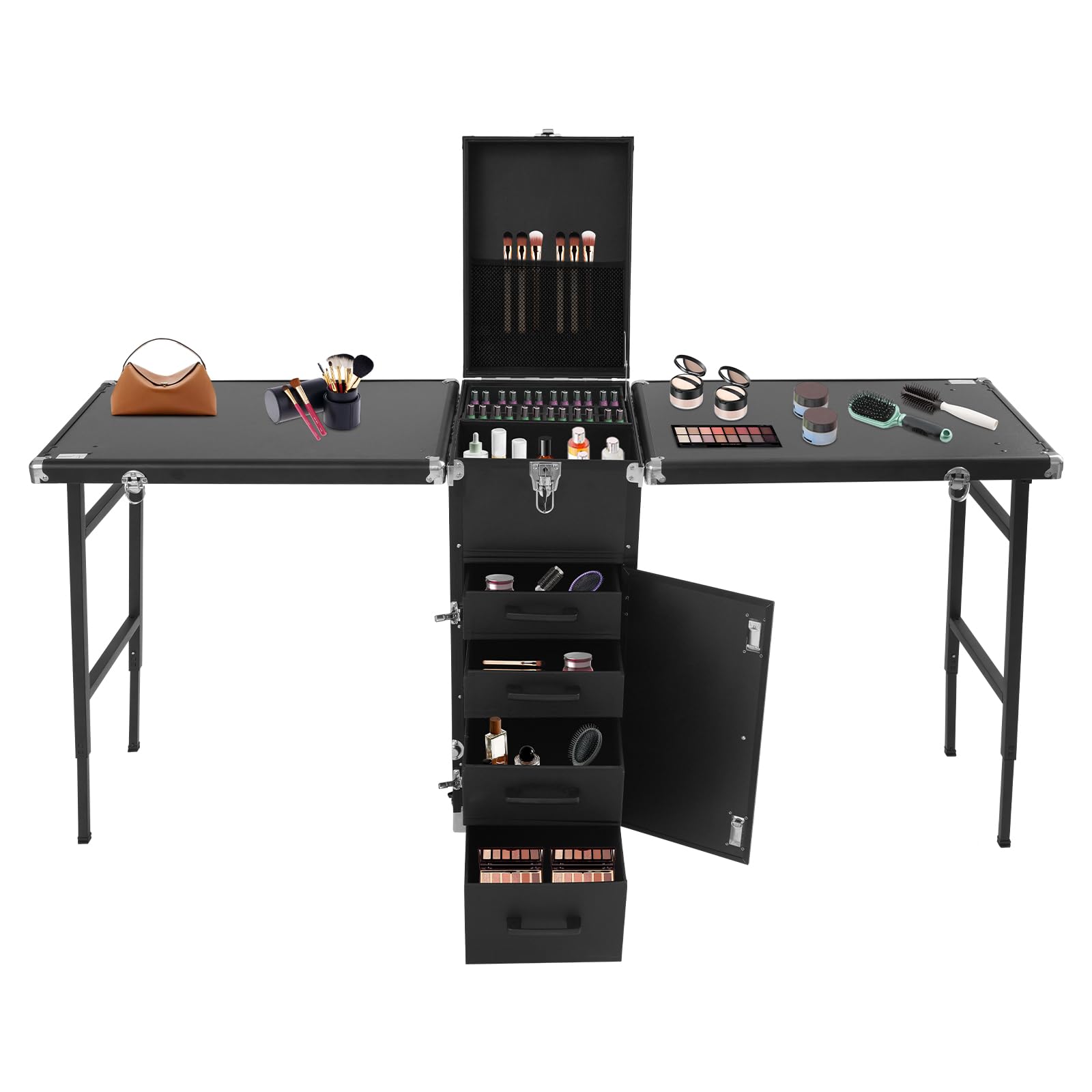 Professioneller Kosmetikkoffer Trolley, 2 In 1 Tragbarer Nageltisch Schminkkoffer Aluminium Nagelkoffer Große Friseurkoffer mit 2 klappbare Tischplatten, 4 Schubladen, Stützbeinen und Rollen