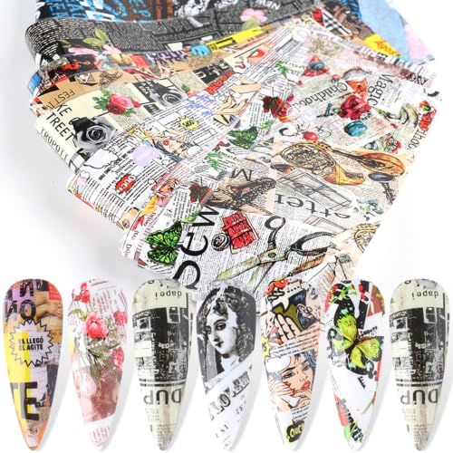 Holographic Nail Foil Transfer Stickers Decals Decoration, Magazine Flowers Nail Art Design Acrylic Nails Supplies for Nail Transfer Glue Polish, Fingernail and Toenail Manicure DIY Film (10 Sheets)