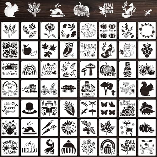 NUVCELKA 56 Pcs Fall Stencils for Crafts Reusable 3x3 Inch Small Painting Templates on Wood DIY Thanksgiving Autumn Holiday Canvas Fabric Home Decoration