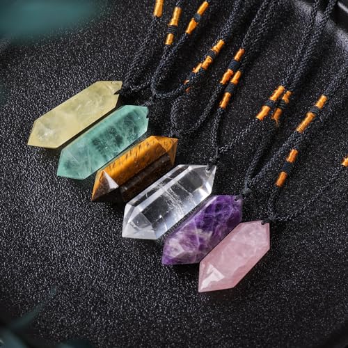 Image of Runyangshi Healing Crystal Pendants, Double Pointed Natural Crystal Quartz Necklace 6 Faceted Chakra Crystal Wand Stone (Dream Amethyst)