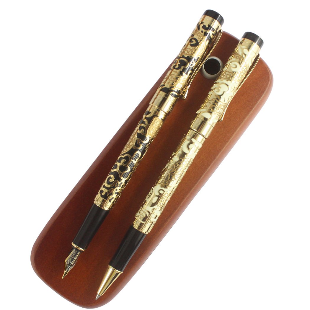 Gullor Fountain Pen and Rollerball Pen 5000 Dragon Year, Golden Dragon with Beige and Black + 2 sticks Brown Wooden pen box
